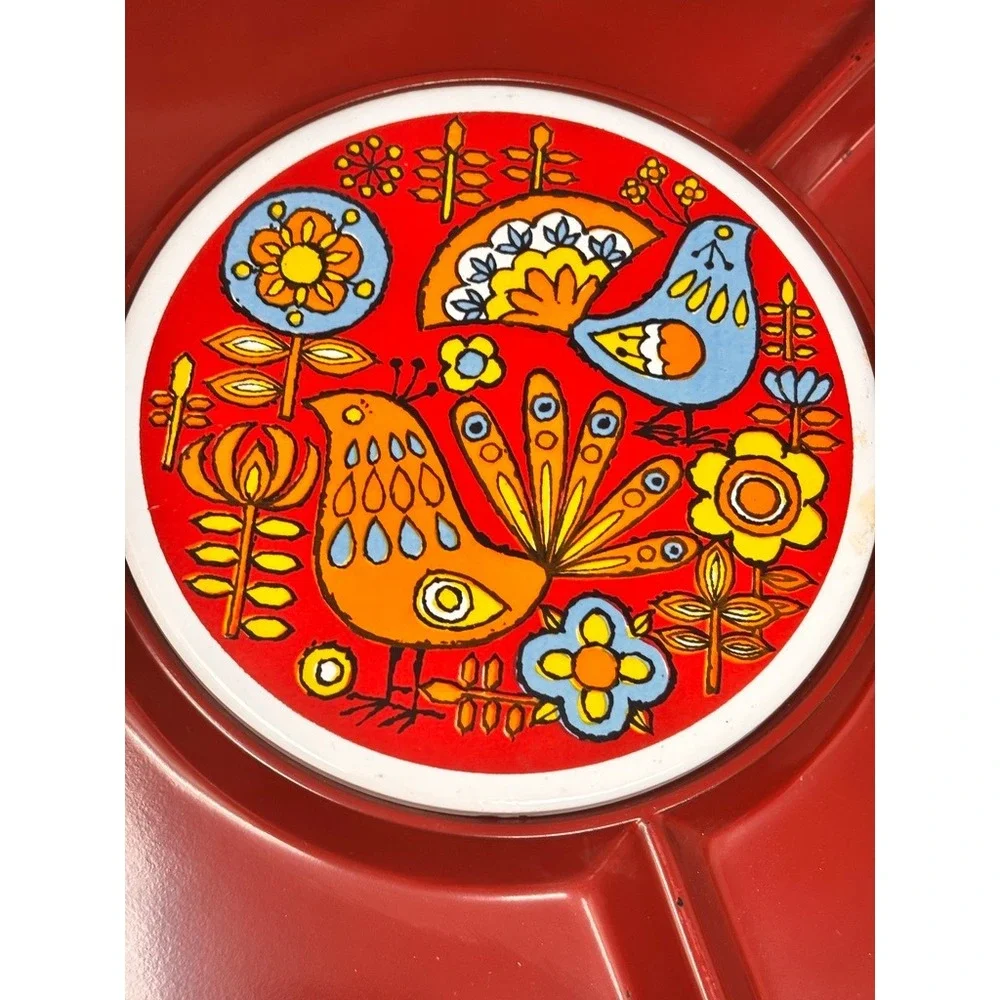 Vtg 1970s Red Melamine Divided Serving Tray Bird Floral Snack Relish Platter 13